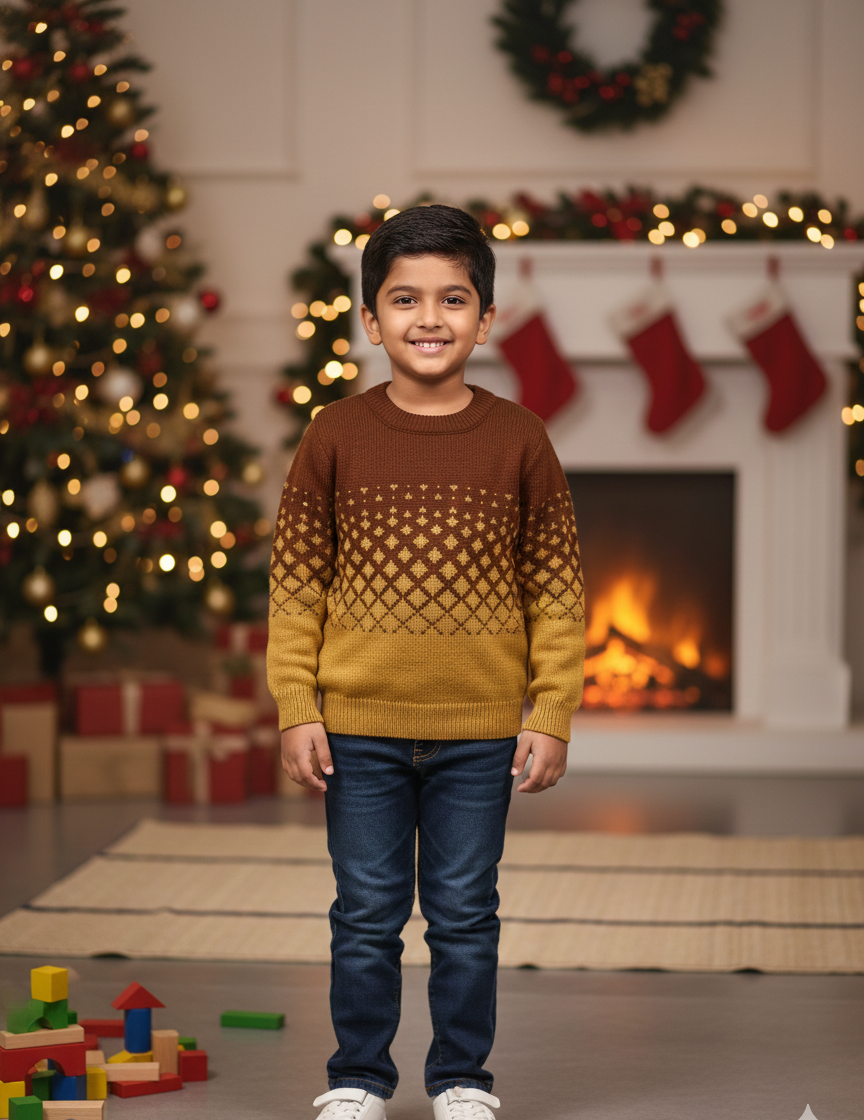 Boys Brown Mustard Winter Gradient Knit Sweater