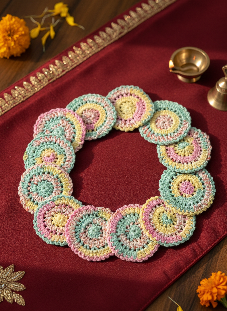 Set of 12- Handcrafted Crochet Asan – Multicolor