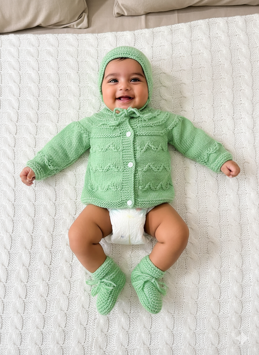 Baby Light Green Hand-Knitted Wool Sweater Set
