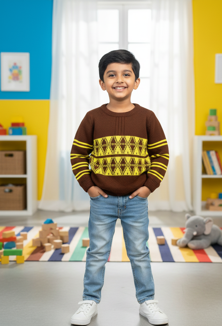 Boys Brown & Yellow Geometric Knit Sweater
