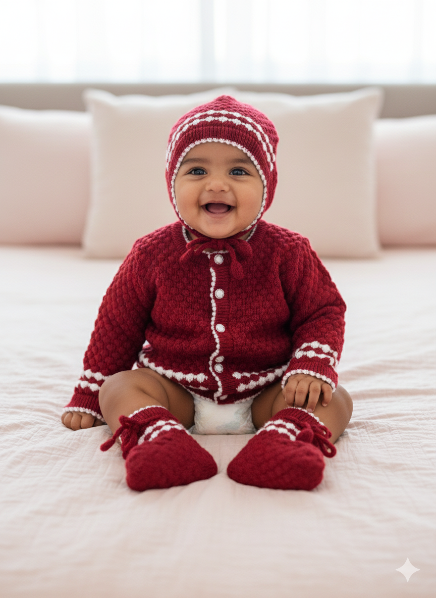 Baby Maroon Woollen Winter Sweater Set