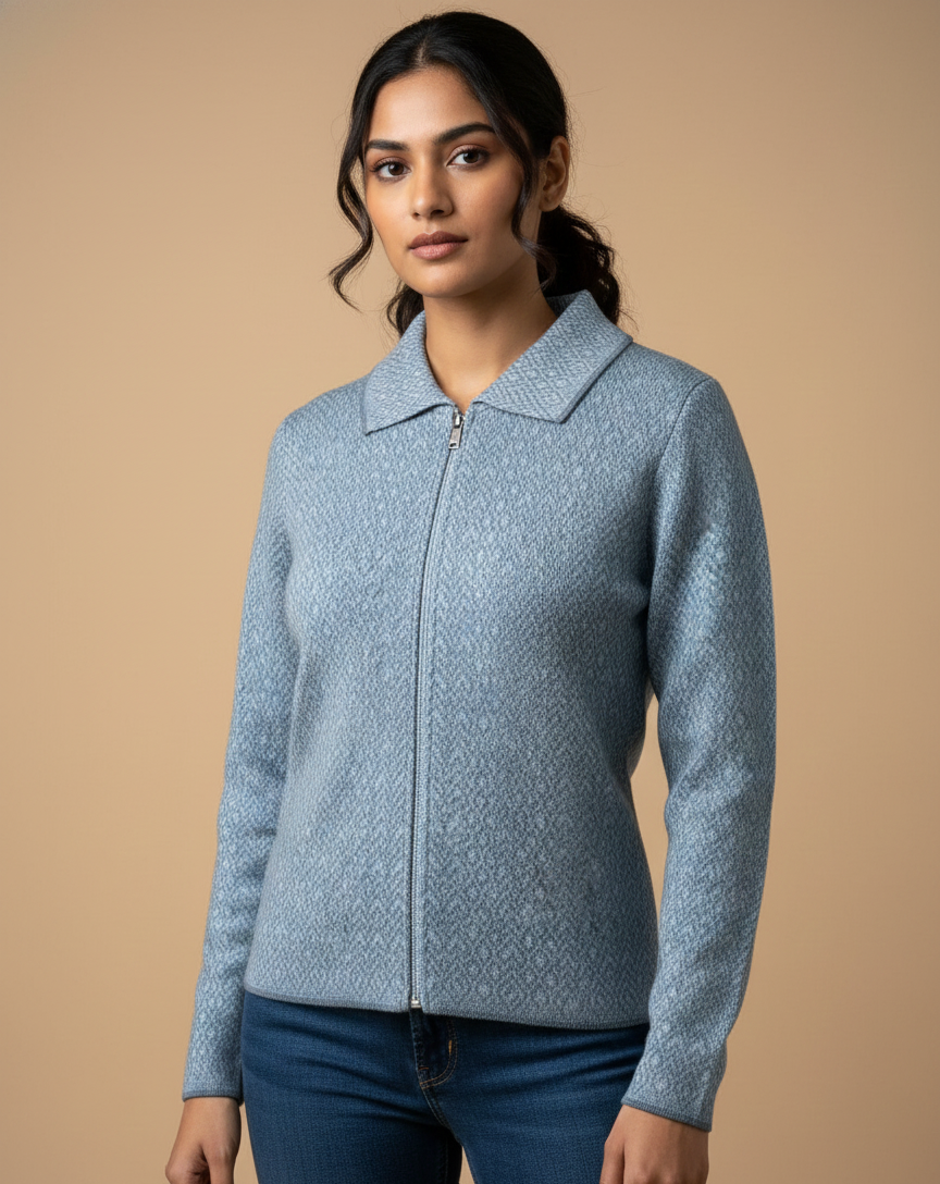 Women’s Blue Textured Zip-Up Woollen Sweater
