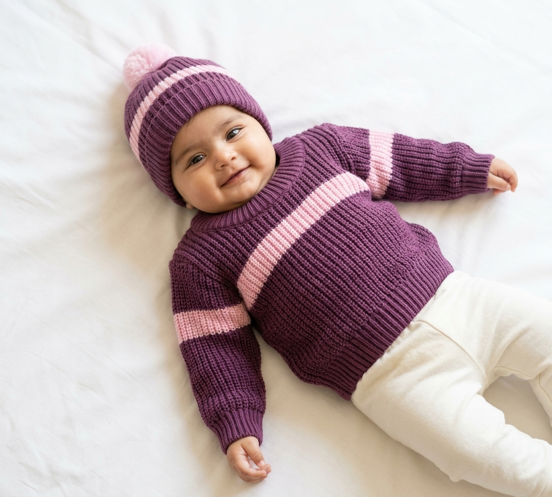 Plum Pop Baby Sweater & Pom-Pom Cap Set
