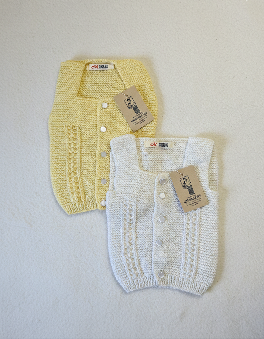 Soft Yellow and White- Handcrafted Woollen Baby Sleeveless Vest