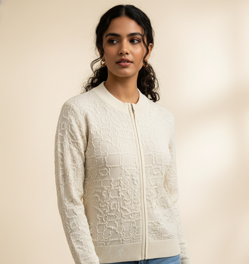 Women’s Textured Zip-Up Cream Woollen Sweater