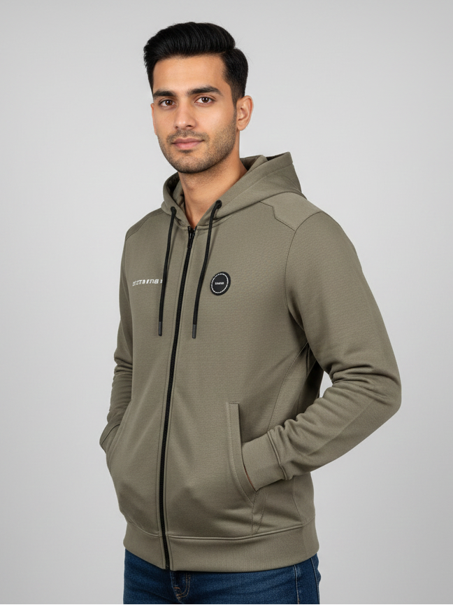 Men’s Olive Green Zip-Up Hooded Sweatshirt