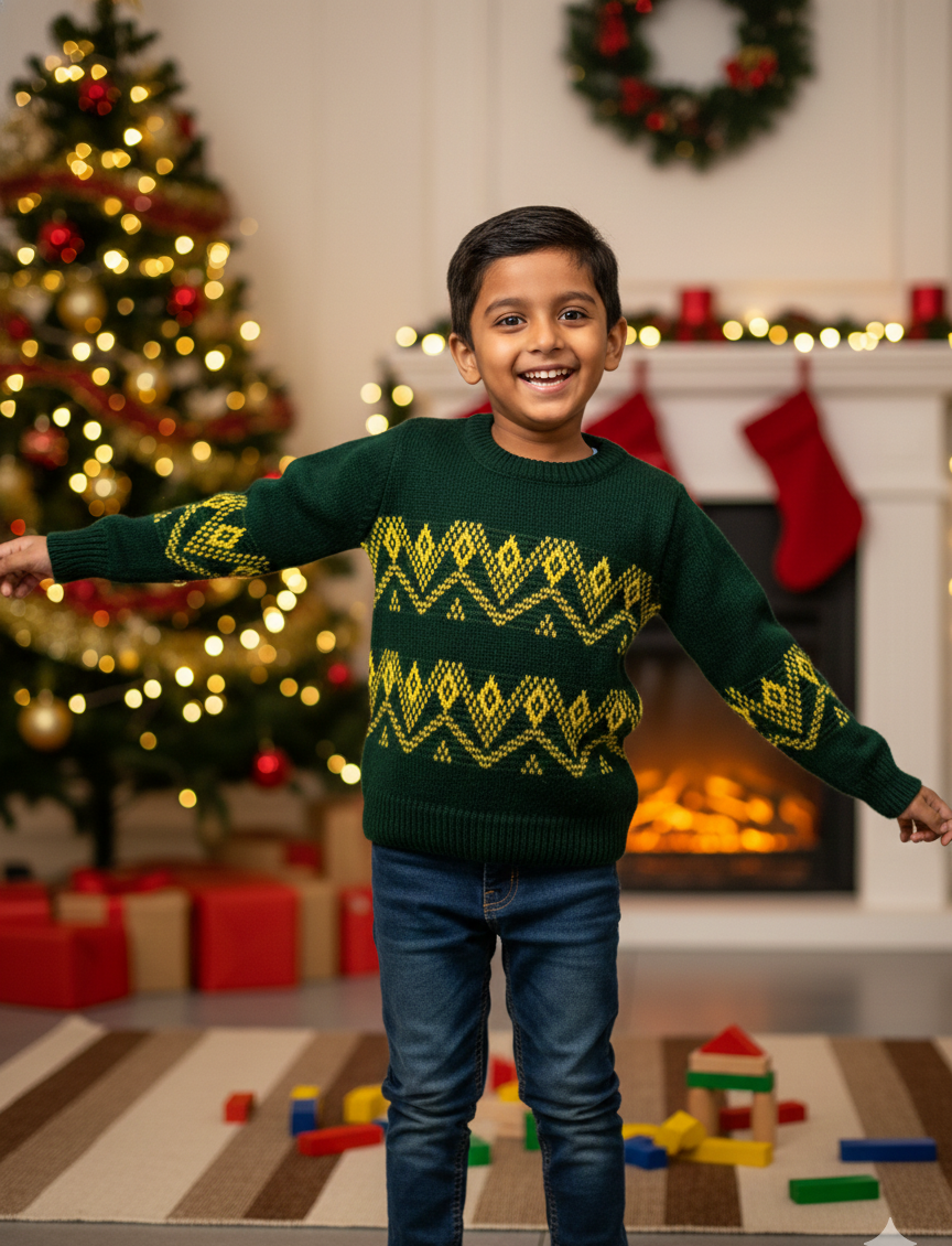 Boys Dark Green Festive Knit Sweater