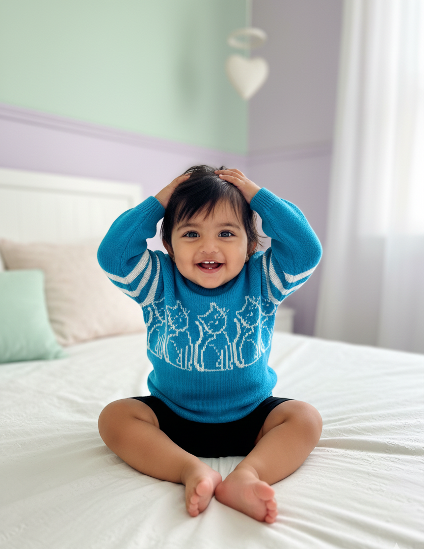 Baby Blue Kitty Pattern Knit Sweater