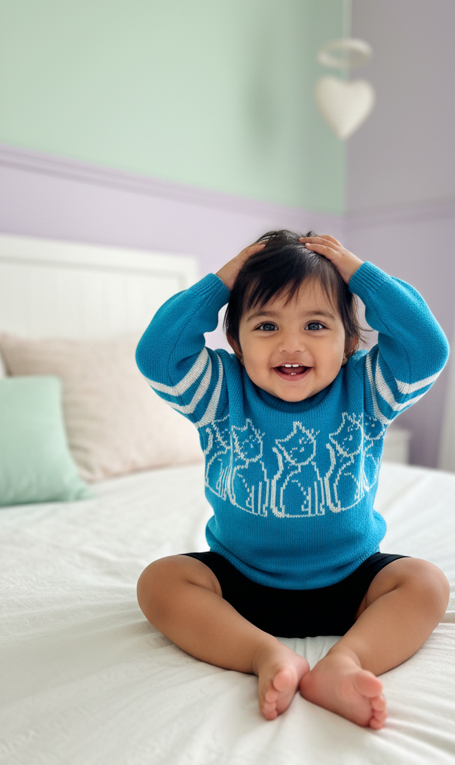 Baby Blue Kitty Pattern Knit Sweater