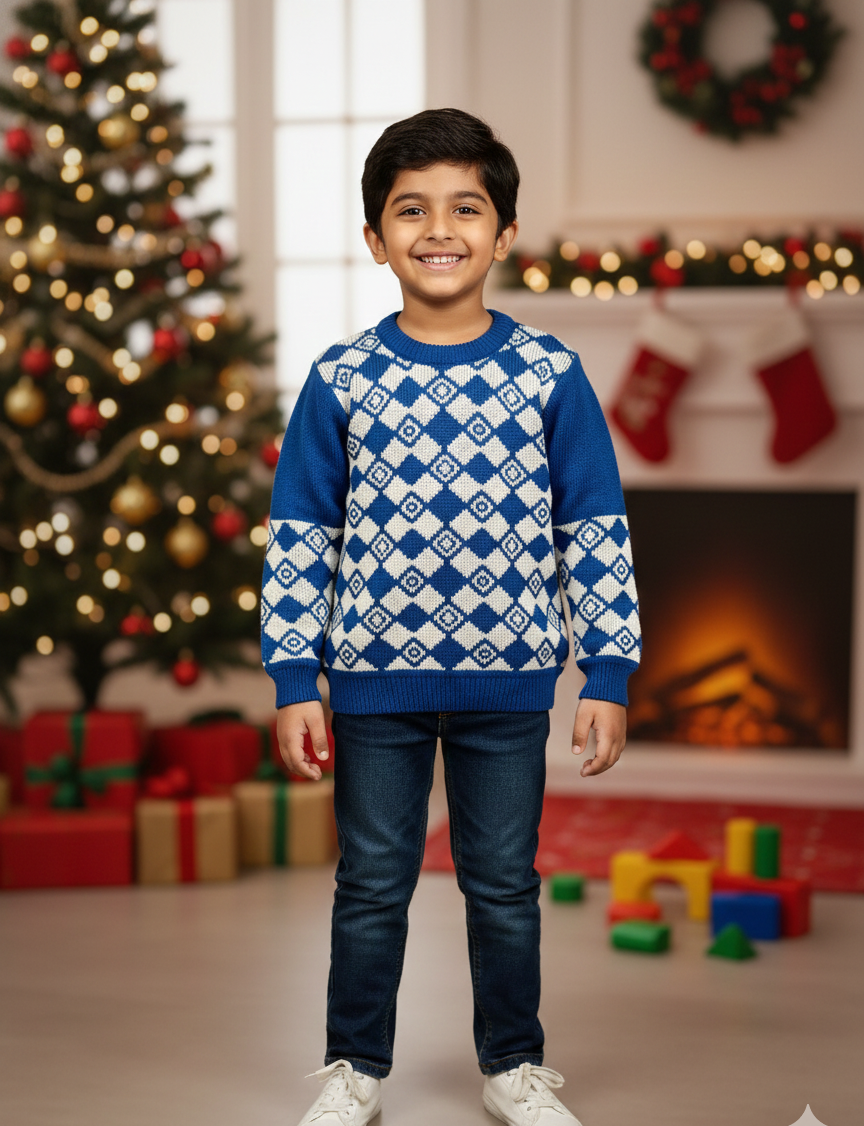 Boys Blue Winter Diamond Knit Sweater