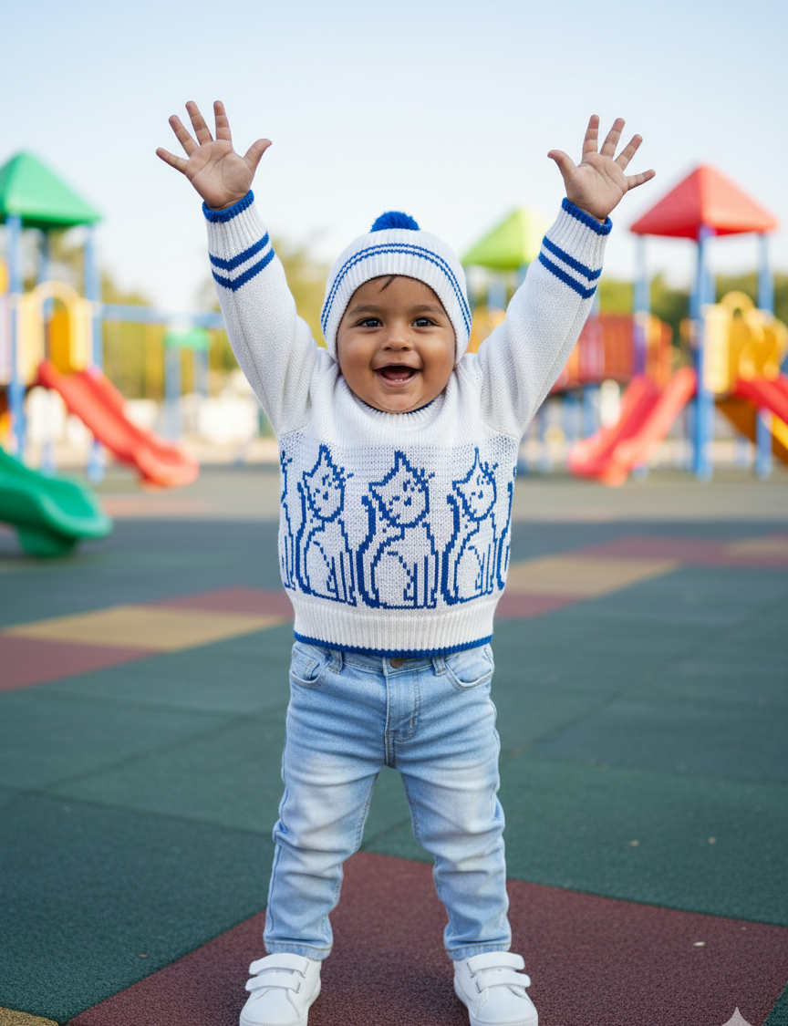 Baby Blue & White Kitty Knit Sweater Set