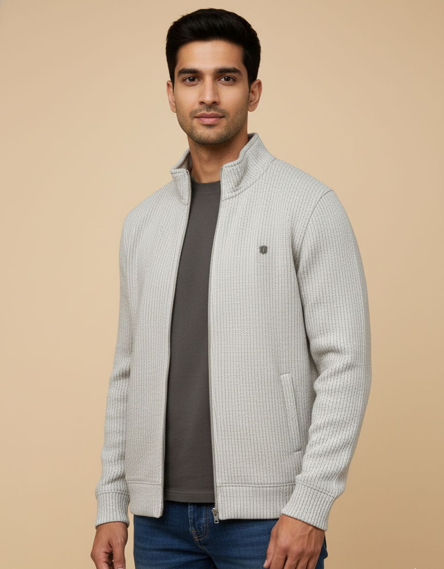 Men’s Light Beige Textured Zip-Up Sweatshirt