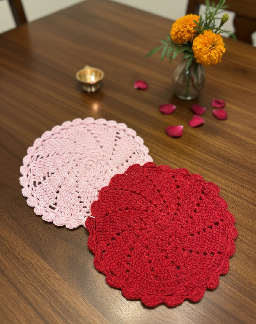 Red and Pink- Handcrafted Round Crochet Table Asan