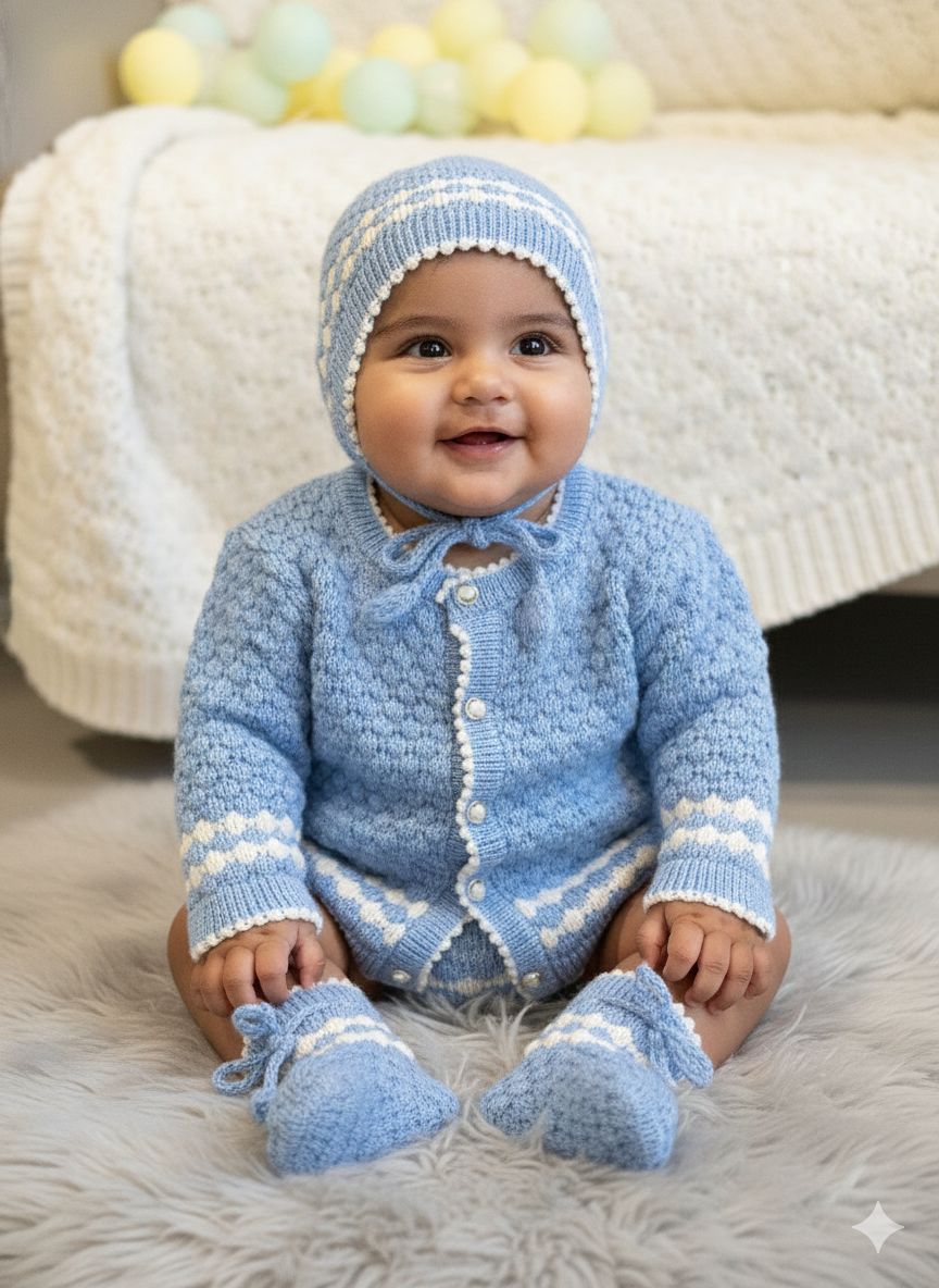Handcrafted Baby Woollen Winter Set – Sky Blue