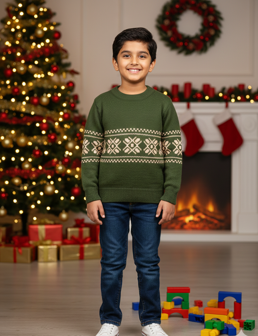 Boys Green Nordic Winter Knit Sweater