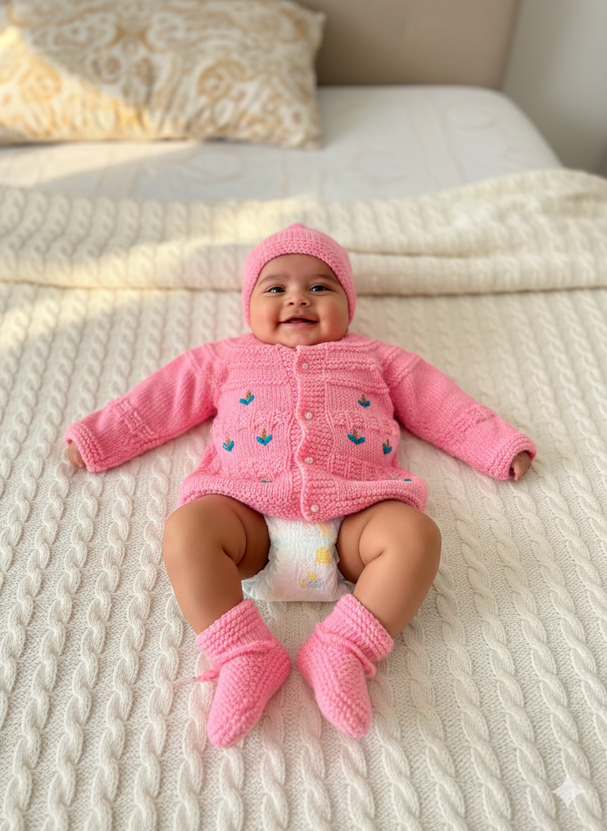 Baby Pink Embroidered Hand-Knitted Wool Sweater Set