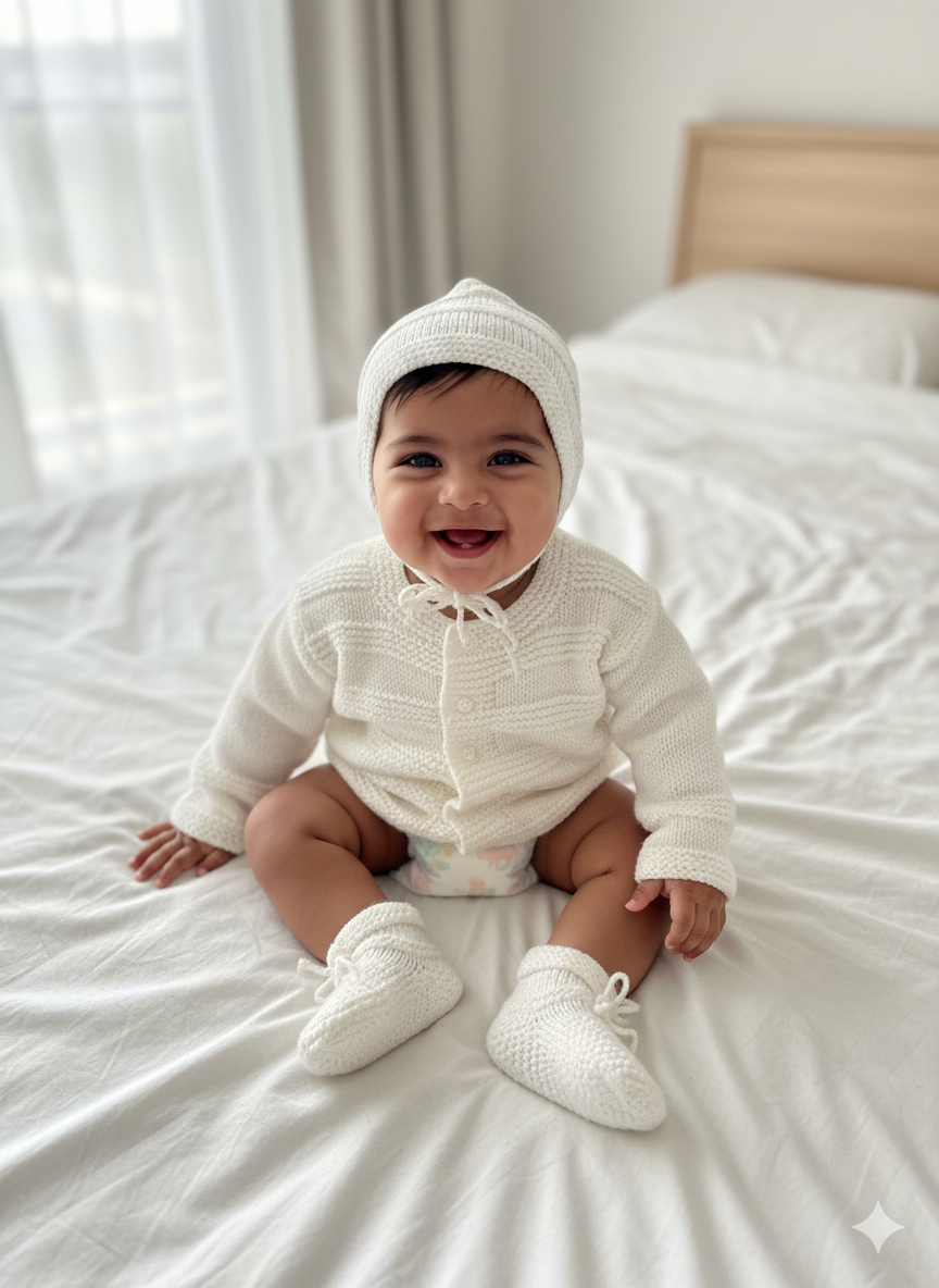 Baby White Hand-Knitted Wool Sweater Set