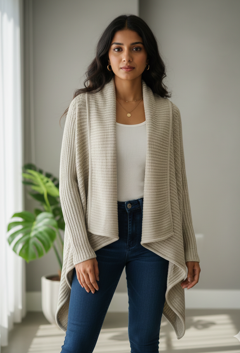 Women’s Beige Knitted Open-Front Long Cardigan