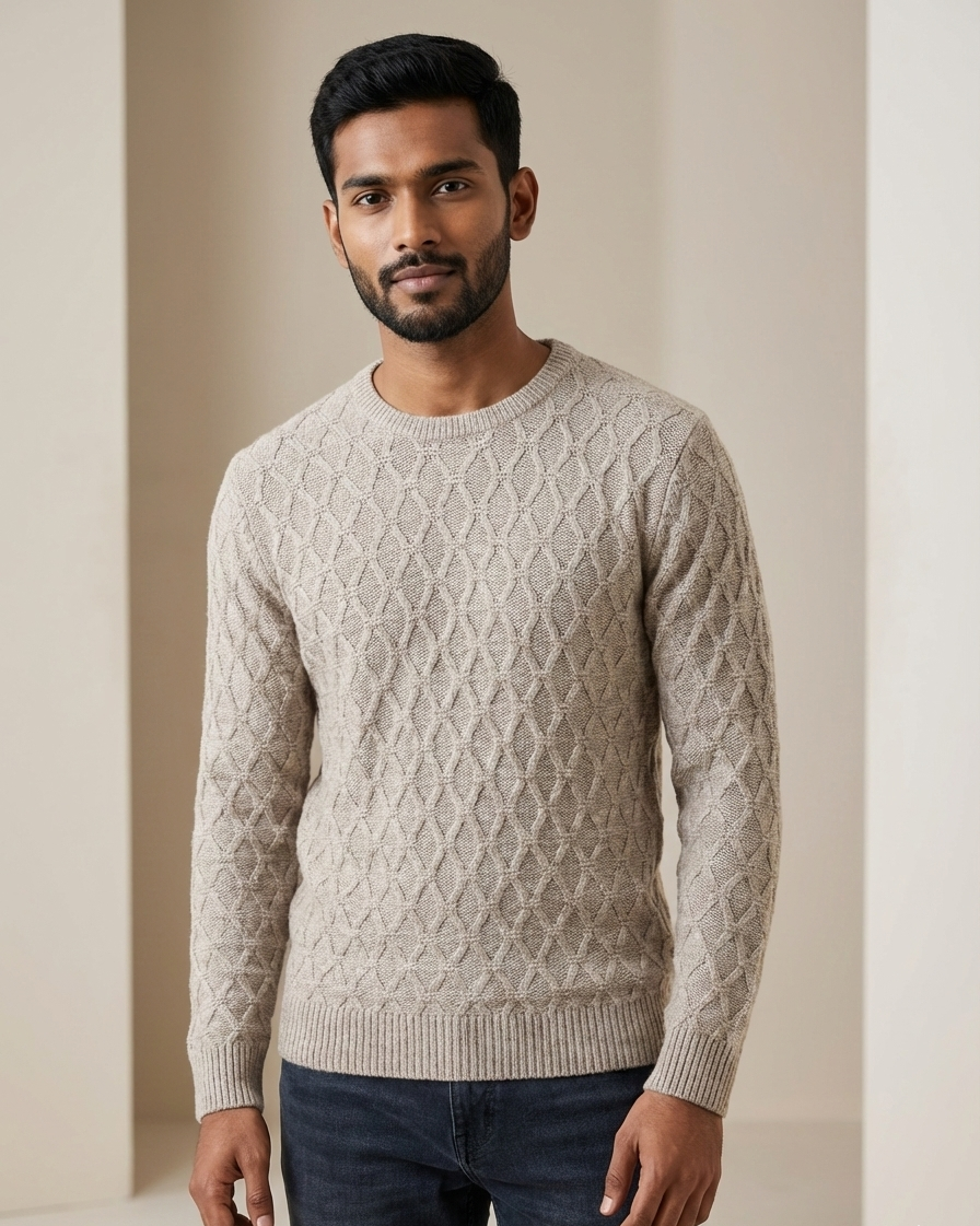Men’s Beige Cable Knit Crewneck Sweater