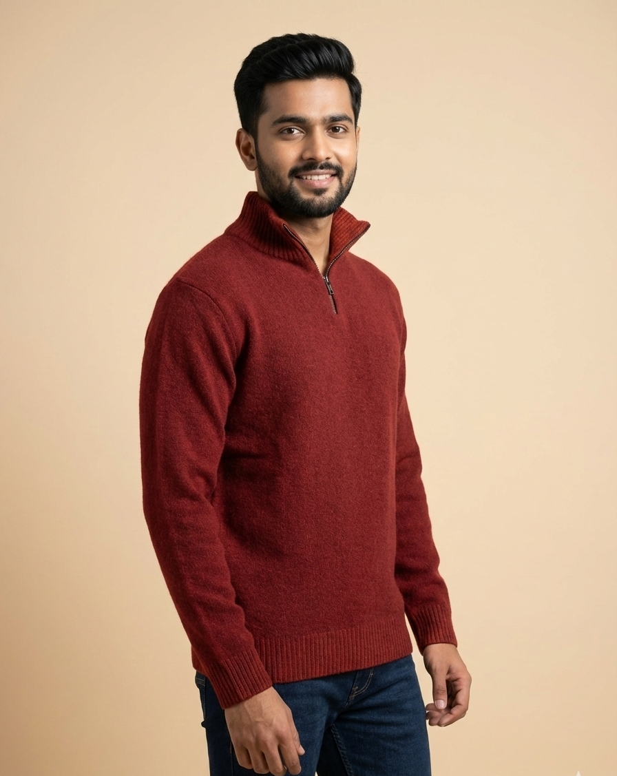 Men’s Brick Red Zip-Neck Winter Knit Sweater