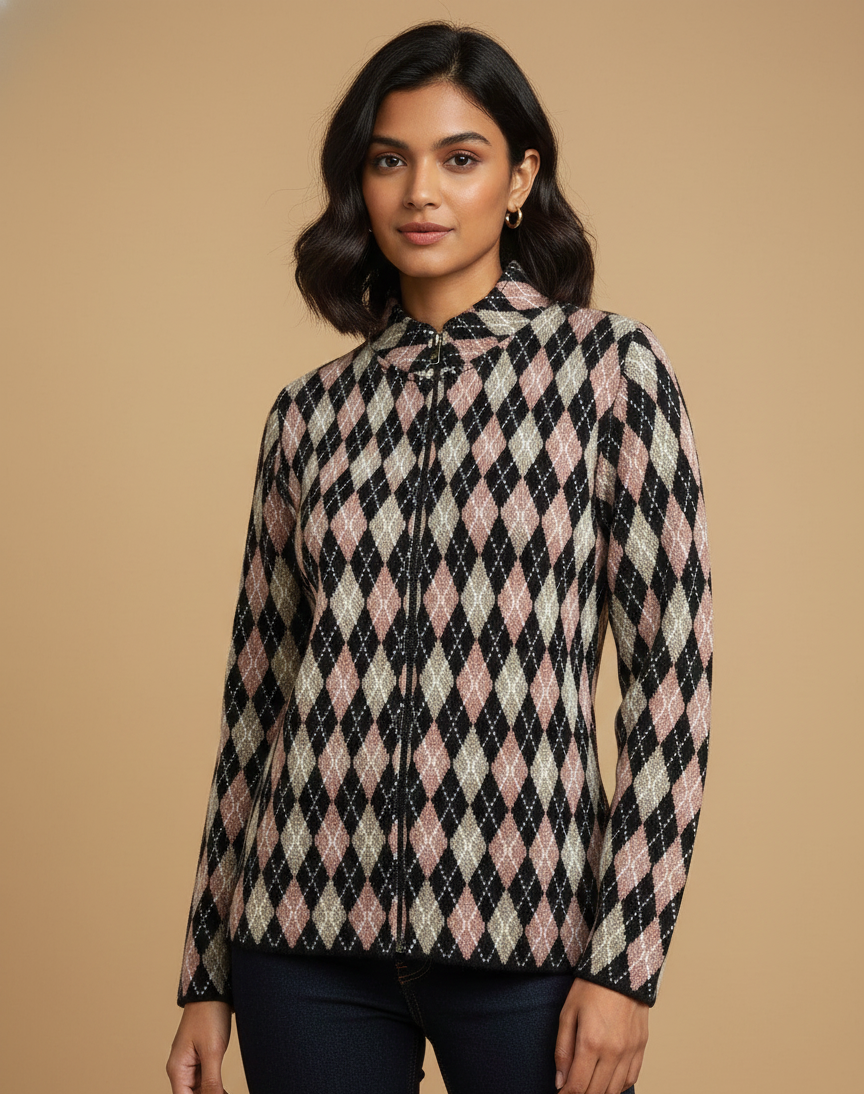 Women’s Black Zip-Up Argyle Knit Winter Sweater