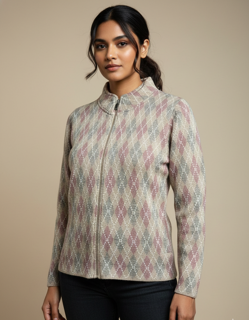 Women’s Zip-Front Argyle Knit Sweater