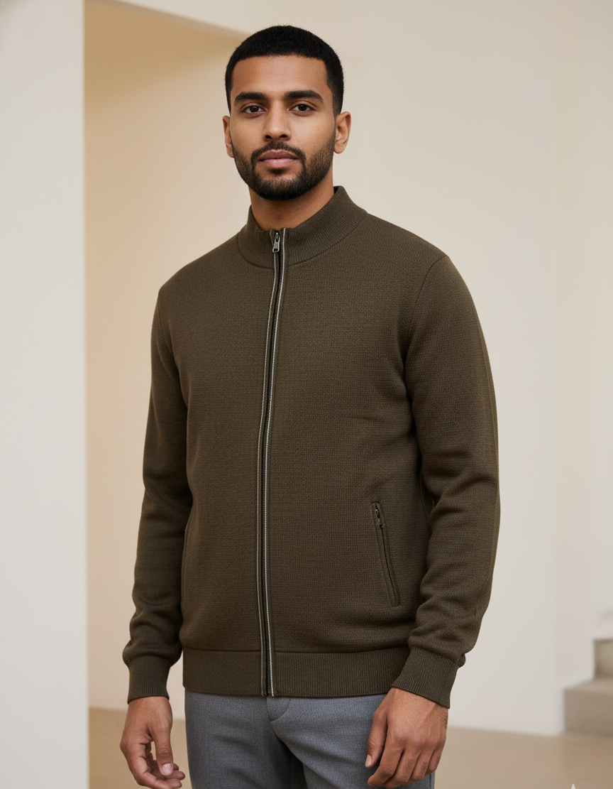 Men’s Brown Full-Zip Woollen Winter Sweater