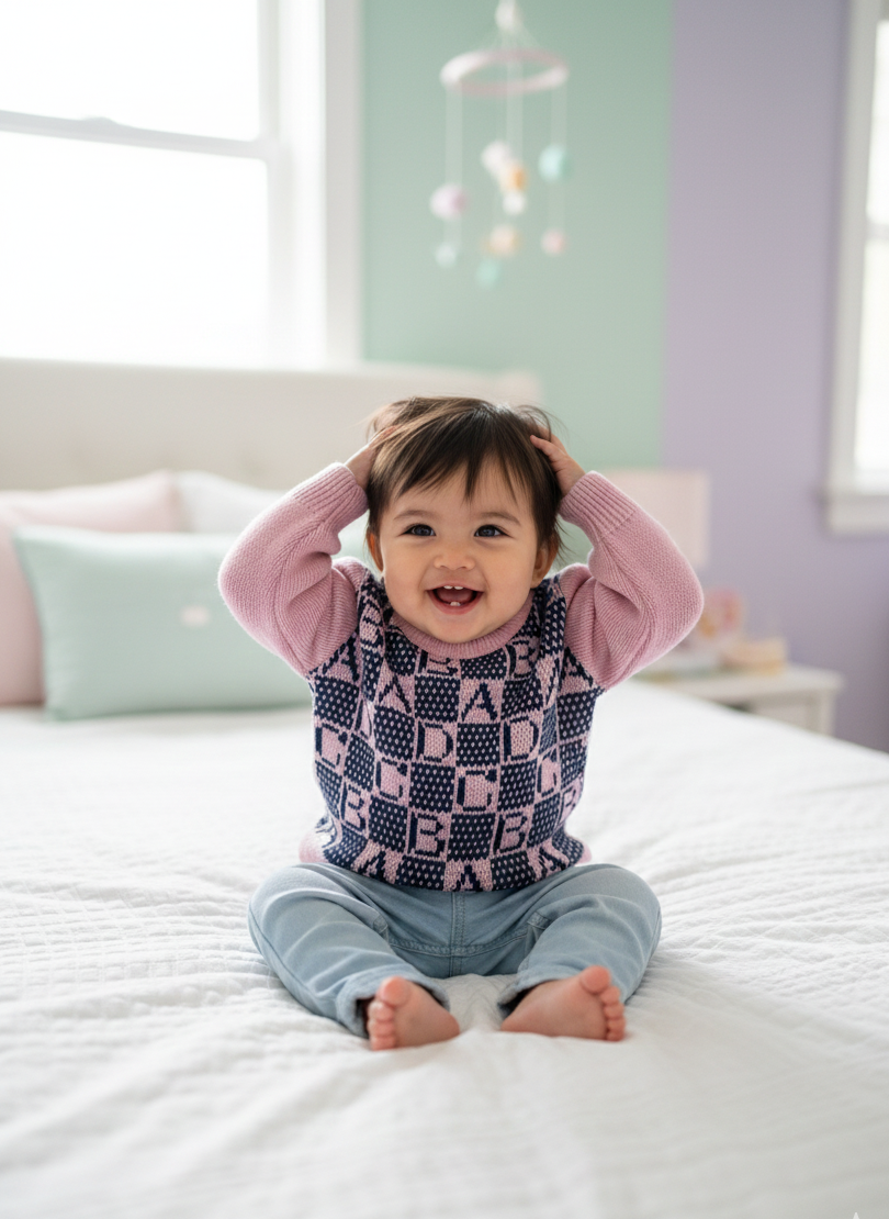 Pink & Navy Alphabet Knit Baby Sweater