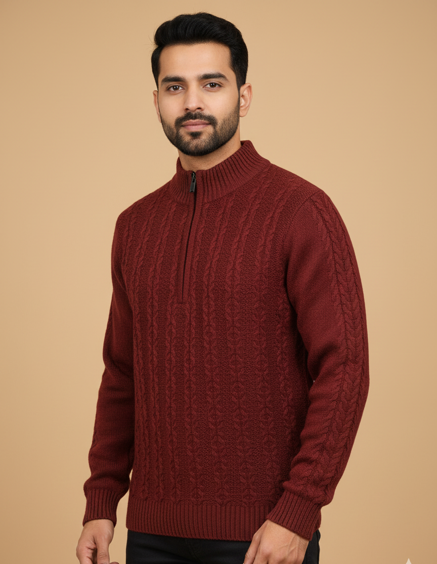 Men’s Maroon Cable Knit Zip Neck Sweater
