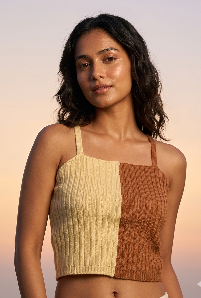Dual Tone Ribbed Crop Top Beige Brown
