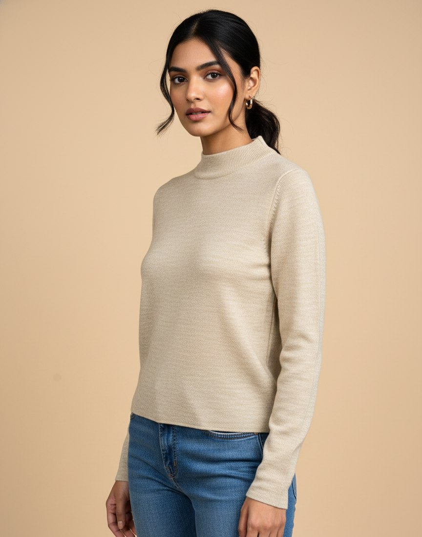 Women’s Solid Beige Mock Neck Winter