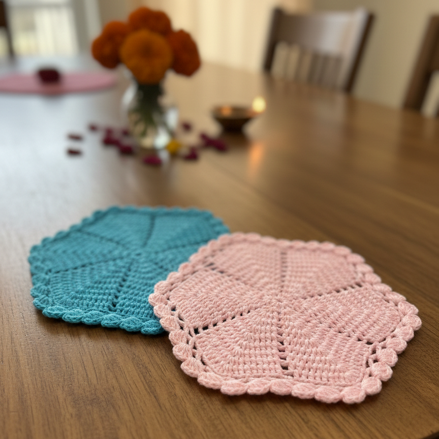 Handcrafted Pink and Blue Crochet Table Asan