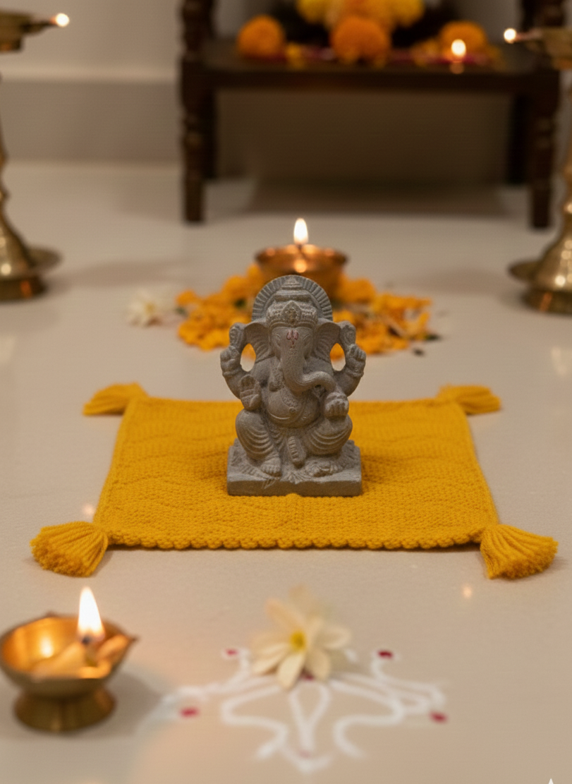 Yellow Knitted Pooja Mat with Tassels- Set of 12