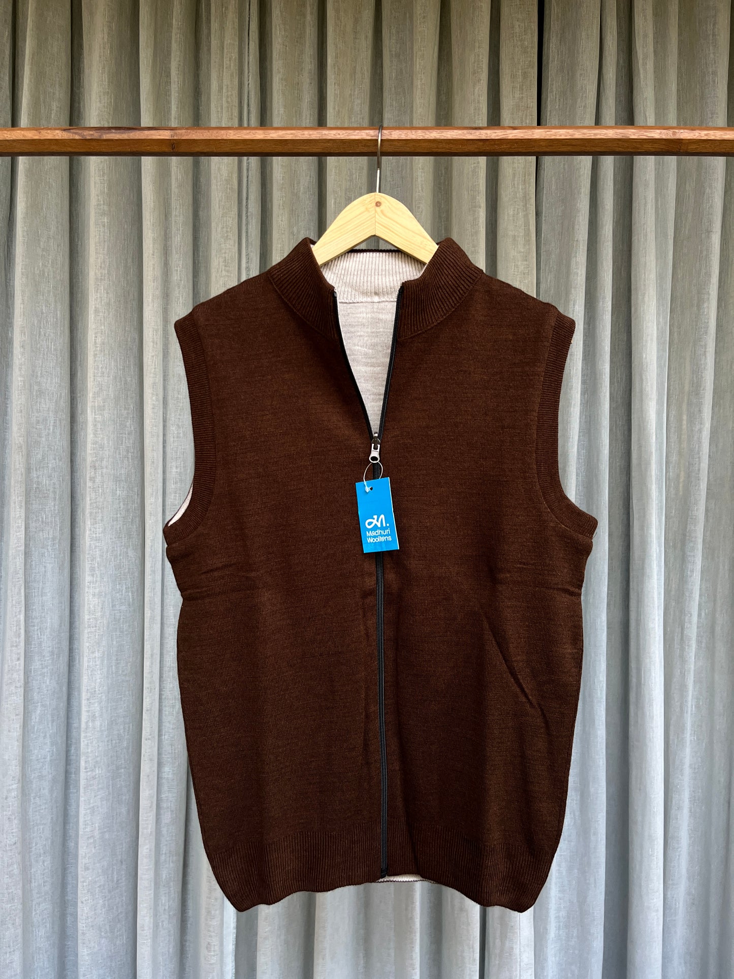 Men’s Reversible Coffee and Cream Wool Zip-Up Sleeveless Sweater