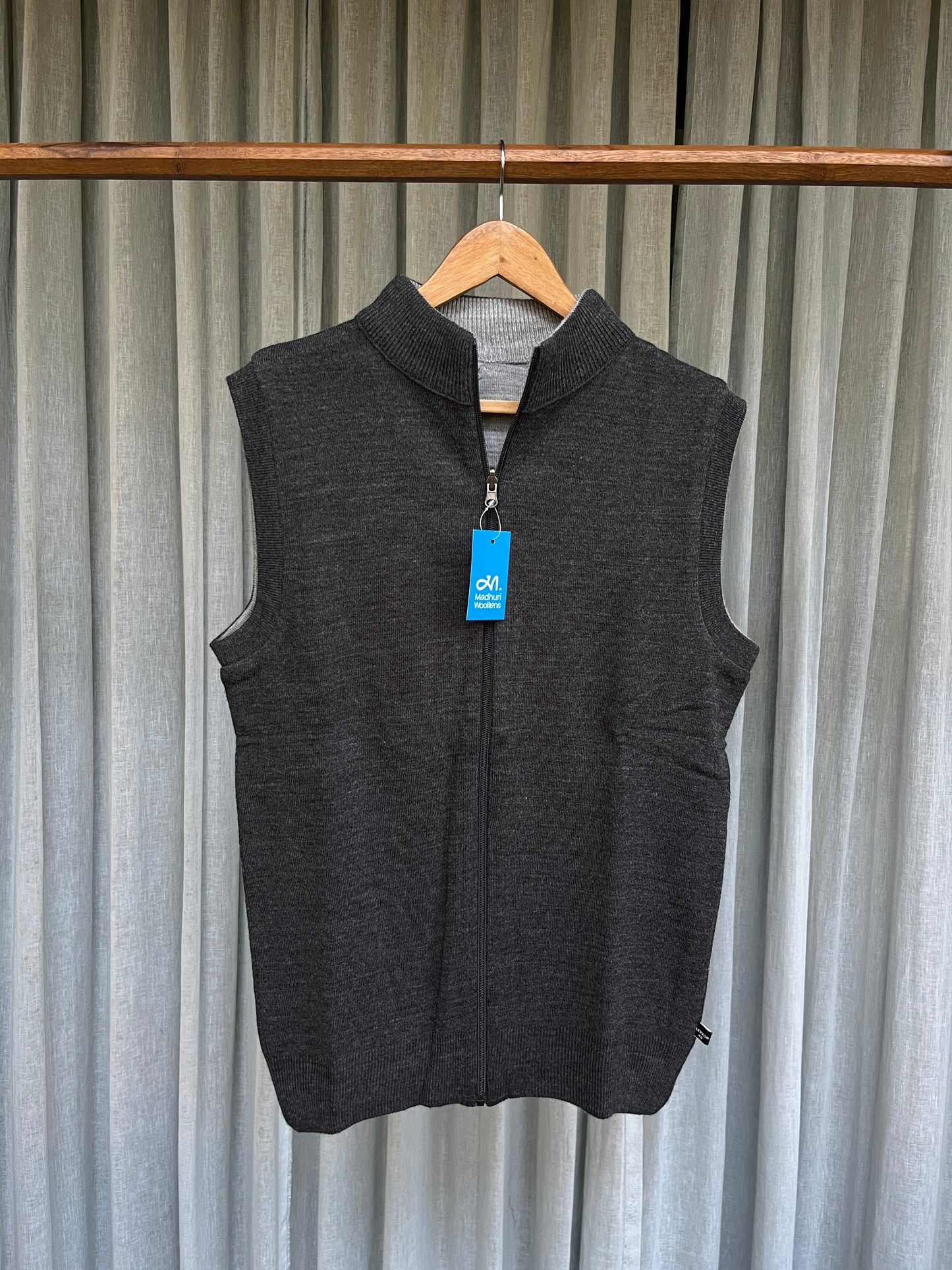 Men’s Reversible Dark Grey - Light Grey Wool Zip-Up Sleeveless Sweater