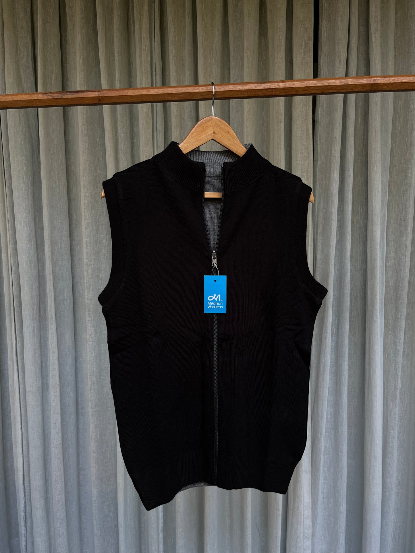 Men’s Reversible Black and Grey Wool Zip-Up Sleeveless Sweater