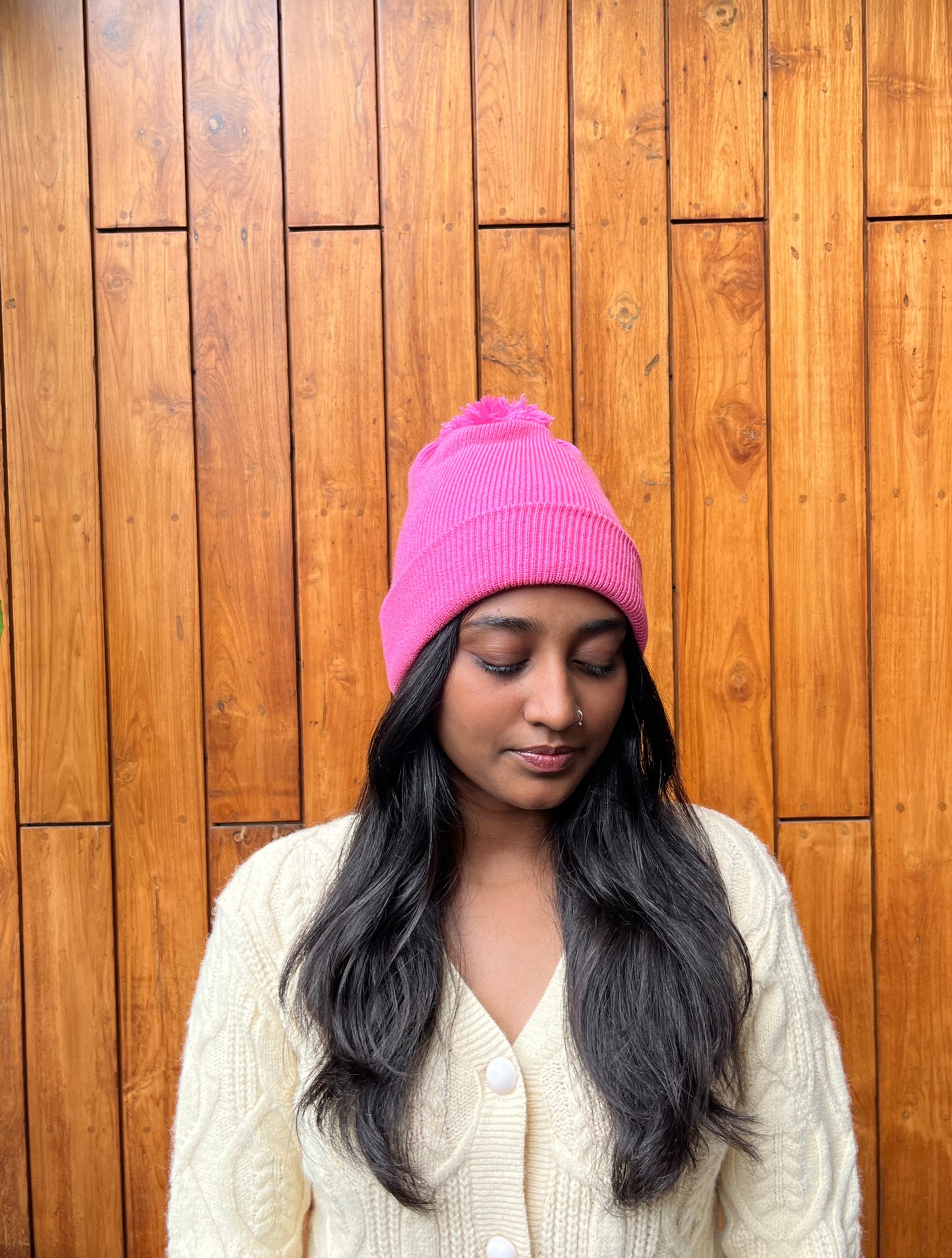Purple pom pom knit beanie – cozy winter hat in bubblegum color