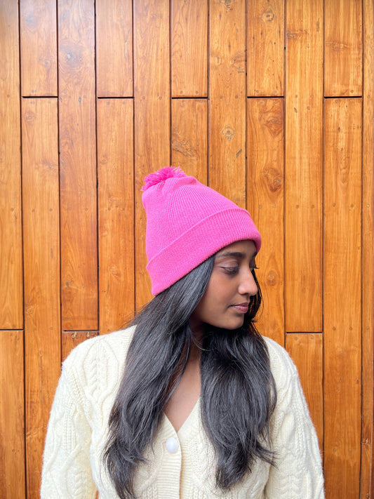 Purple pom pom knit beanie – cozy winter hat in bubblegum color