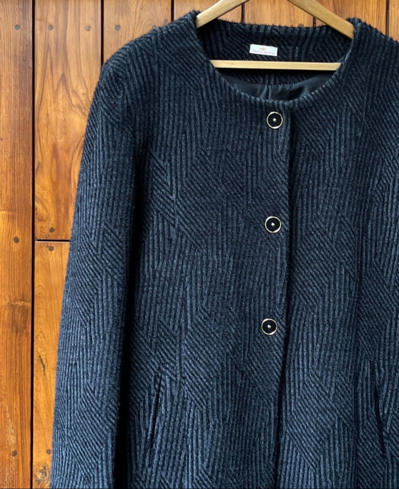Midnight Textured Wool Coat in black with chevron pattern