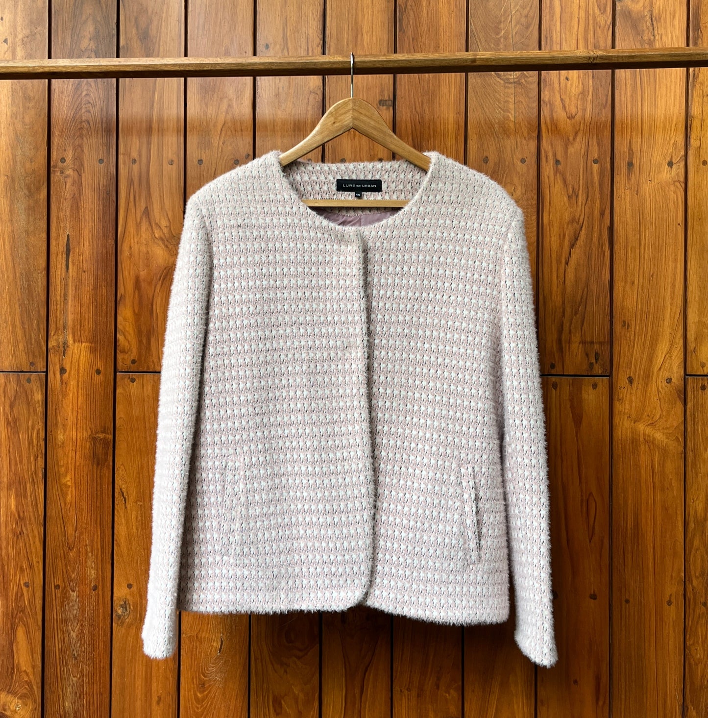 Cream tweed wool coat with pastel thread accents and round neckline