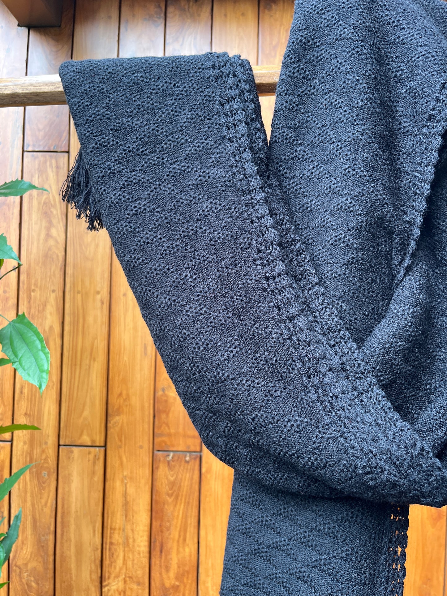 Black woollen shawl with fringes – Madhuri Woollens classic winter wrap