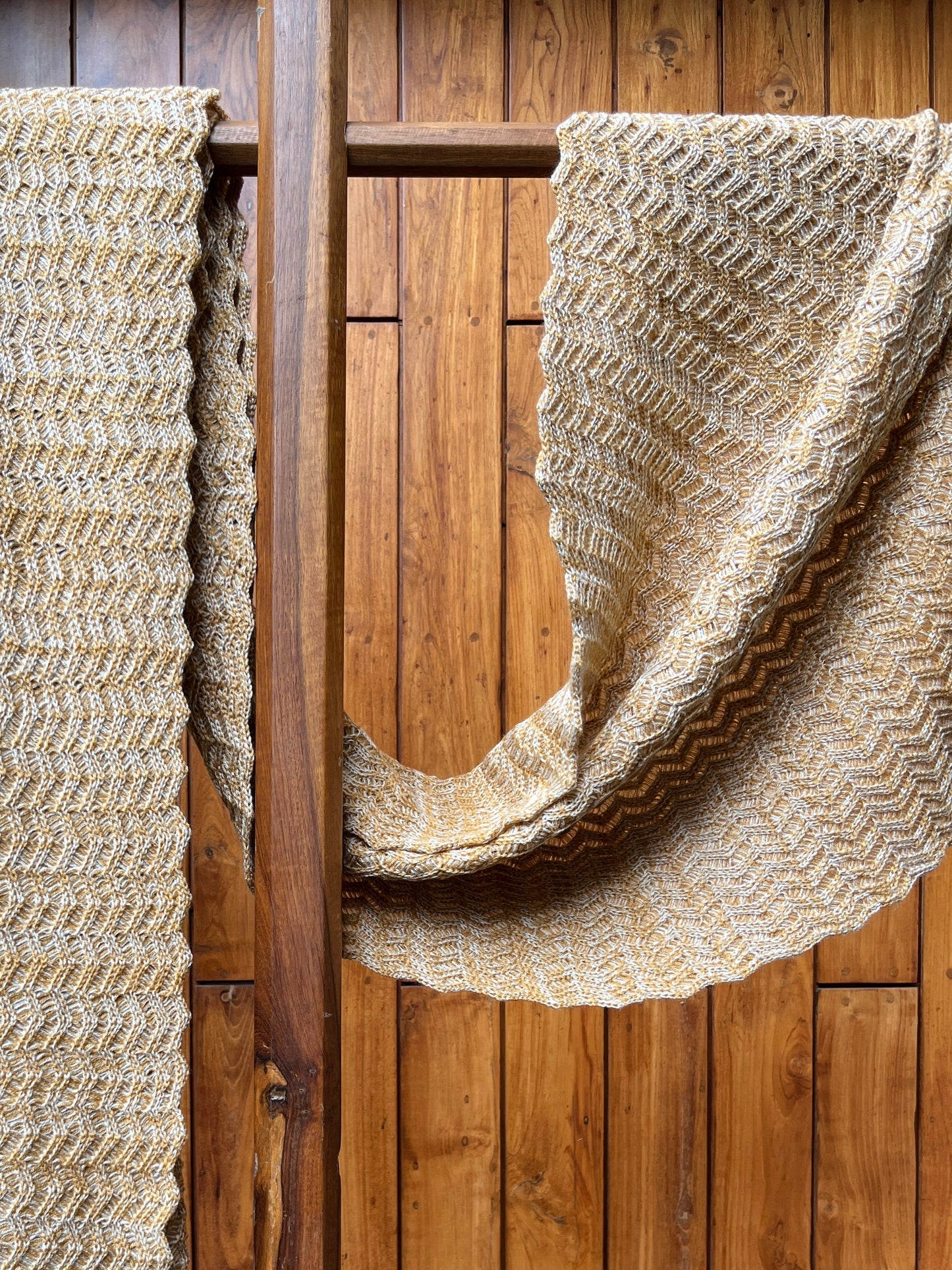 Golden beige woollen shawl with chevron weave and fringes – winter wrap by Madhuri Woollens