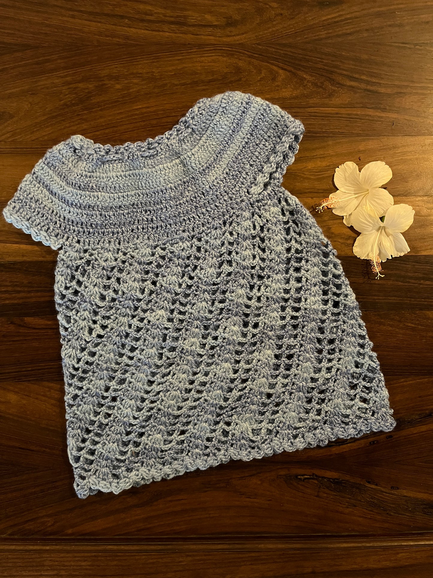 Sky blue crochet woollen frock for baby girls – handmade winter wear