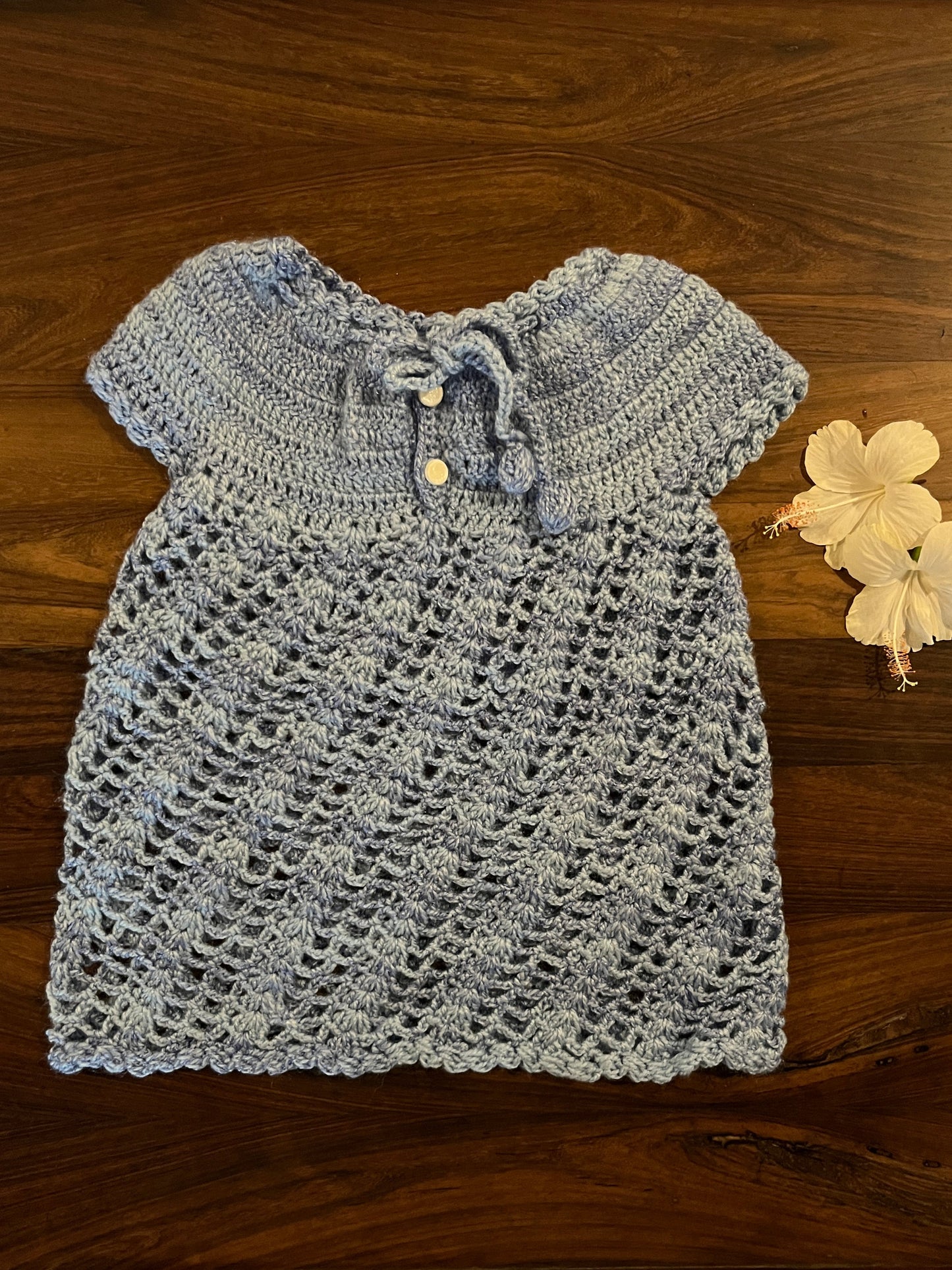 Sky blue crochet woollen frock for baby girls – handmade winter wear