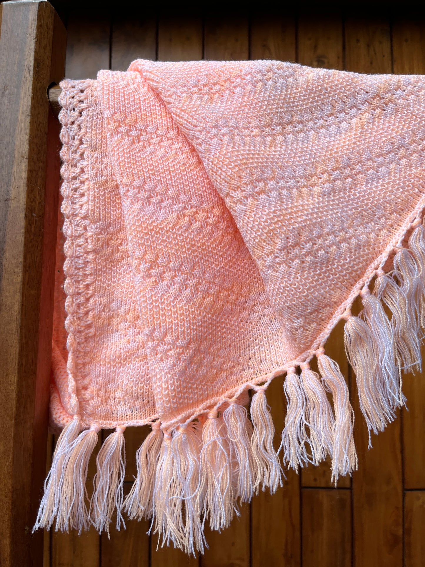Peach woollen shawl with fringes – soft pastel winter wrap by Madhuri Woollens