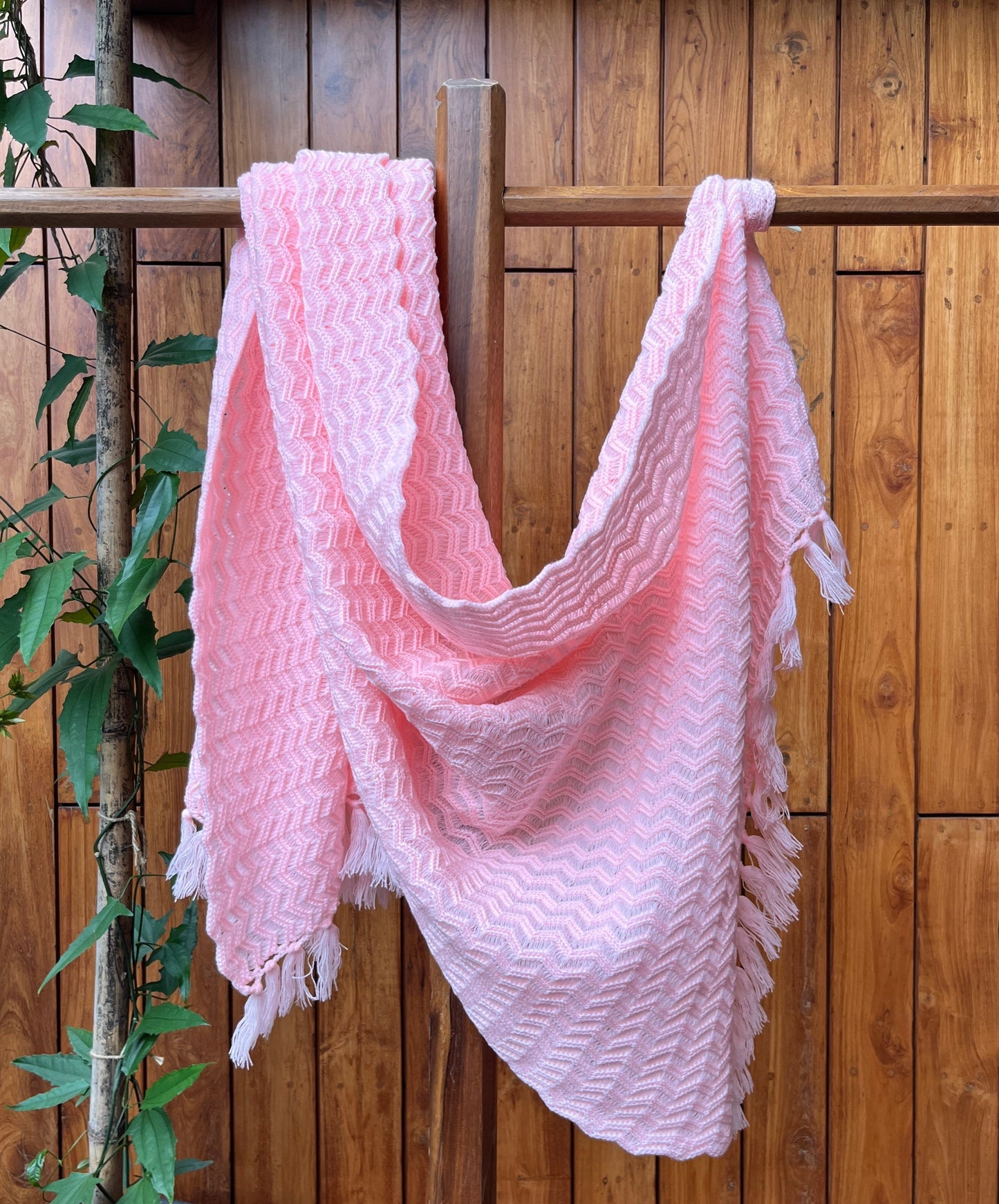 Pastel pink woollen shawl with chevron weave and fringes – Madhuri Woollens crafted winter shawl