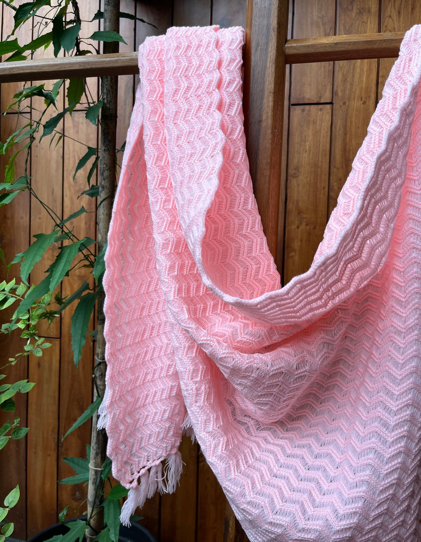 Pastel pink woollen shawl with chevron weave and fringes – Madhuri Woollens crafted winter shawl