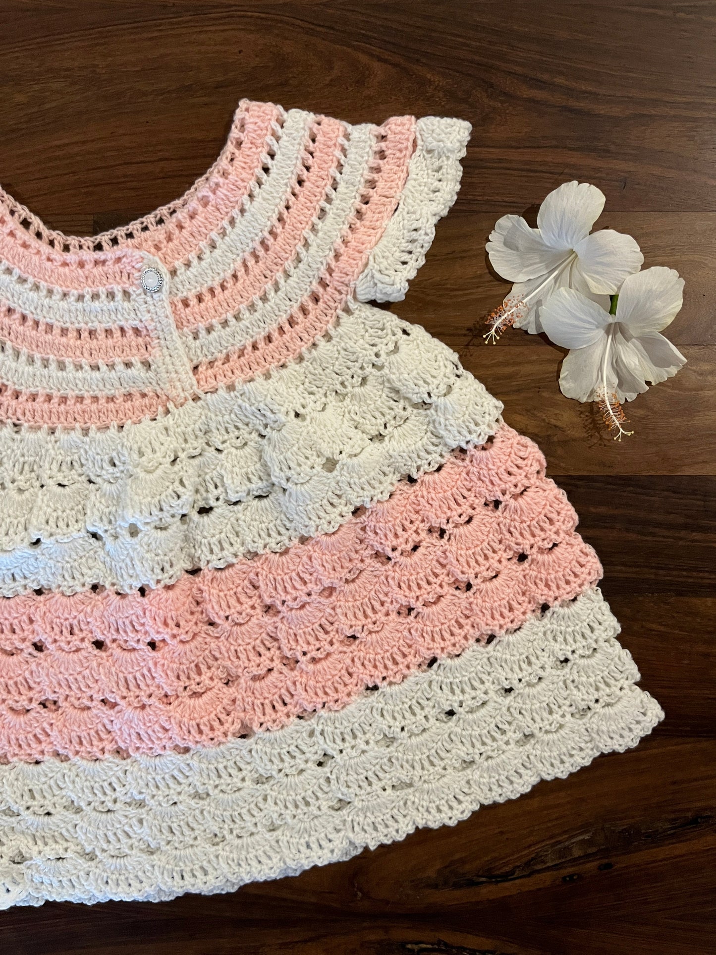 Blush and ivory crochet woollen frock for baby girl – handmade winter dress