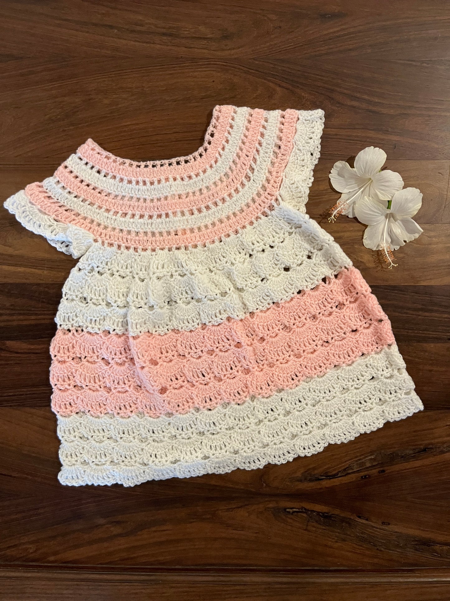 Blush and ivory crochet woollen frock for baby girl – handmade winter dress