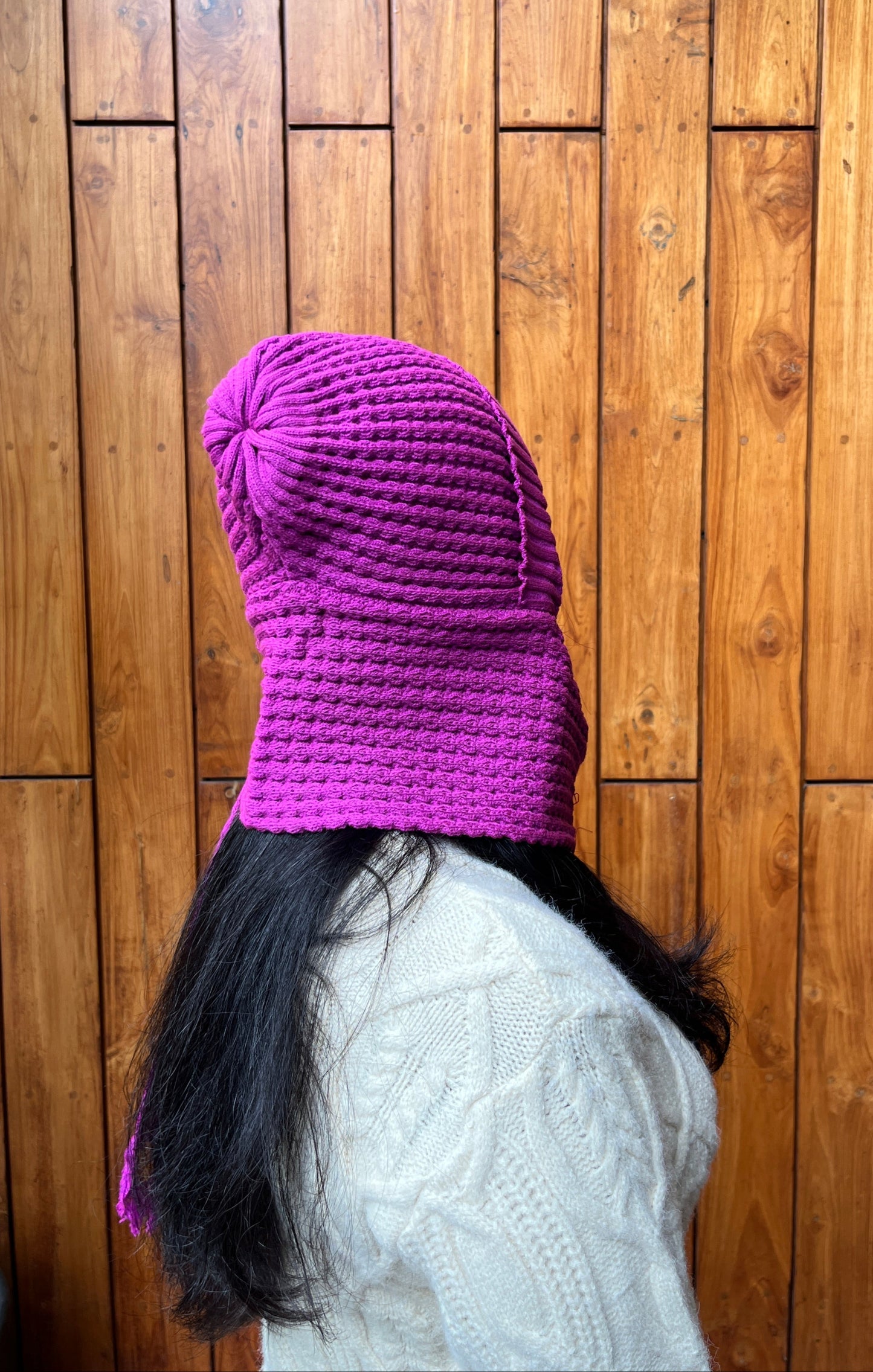 Woman wearing magenta woollen cap scarf – Madhuri Woollens winter collection